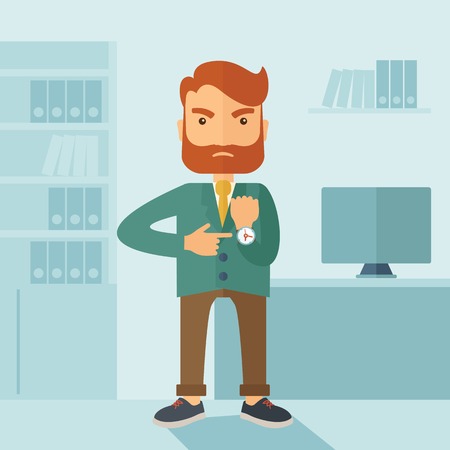 a hipster caucasian businessman with beard standing angry pointing his wristwatch inside his office. angry concept . a contemporary style with pastel palette soft blue tinted background. vector flat design illustration. square layout.