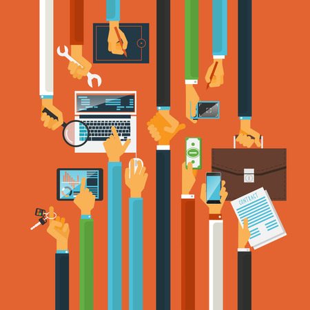 long hands characters keys to teamwork success production process concept with computers poster flat abstract vector illustration