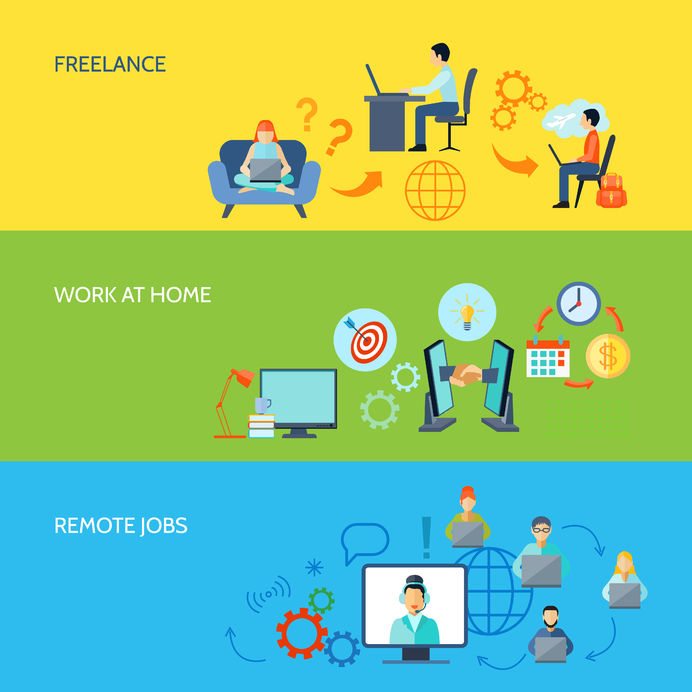 42623299 - freelance online work at home and remote jobs flat color banner set isolated vector illustration