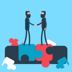 business man shake hand puzzle background agreement concept flat vector illustration