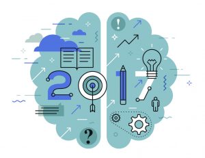 infographic concept 2017 year of opportunities. new hot trends and prospects in education, global learning, idea generation, self-improvement techniques. vector illustration in thin line style.