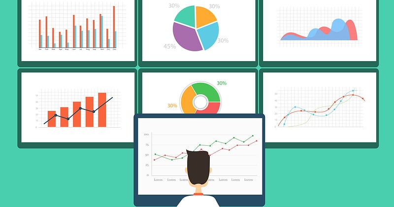 A project manager at a desk watching a wall of dashboards: bar charts, a pie chart and progress trend lines