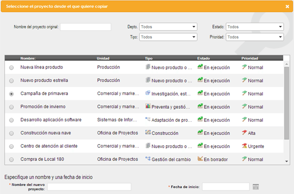 seleccione el proyecto desde el que quiere copiar