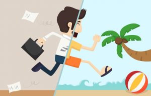 businessman leaving work to go to the beach, holidays, ball, palm tree