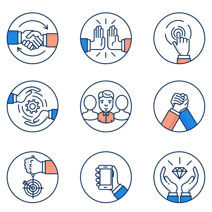 vector set of customer relationship management and business negotiation icons. flat linear pictograms and infographics design elements