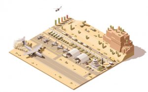 mapa del aeropuerto o de la base aérea militar con los combatientes del jet, helicópteros, vehículos blindados, estructuras, torre de control y aterrizaje del aeroplano del cargo