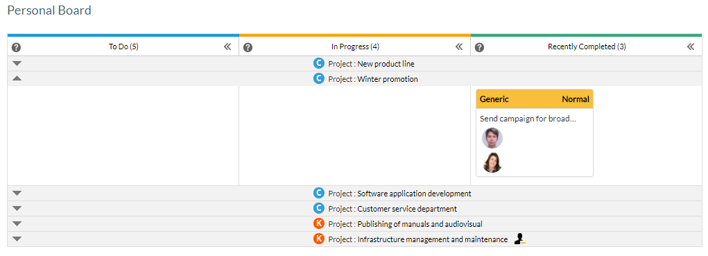 Personal board on ITM Platform, columns to do, in progress, recently completed