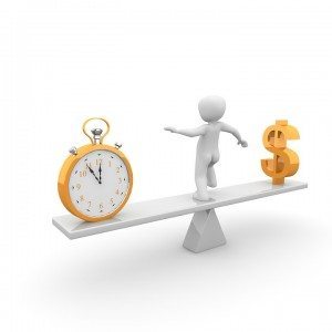 a white man balancing time and money. clock and dollar