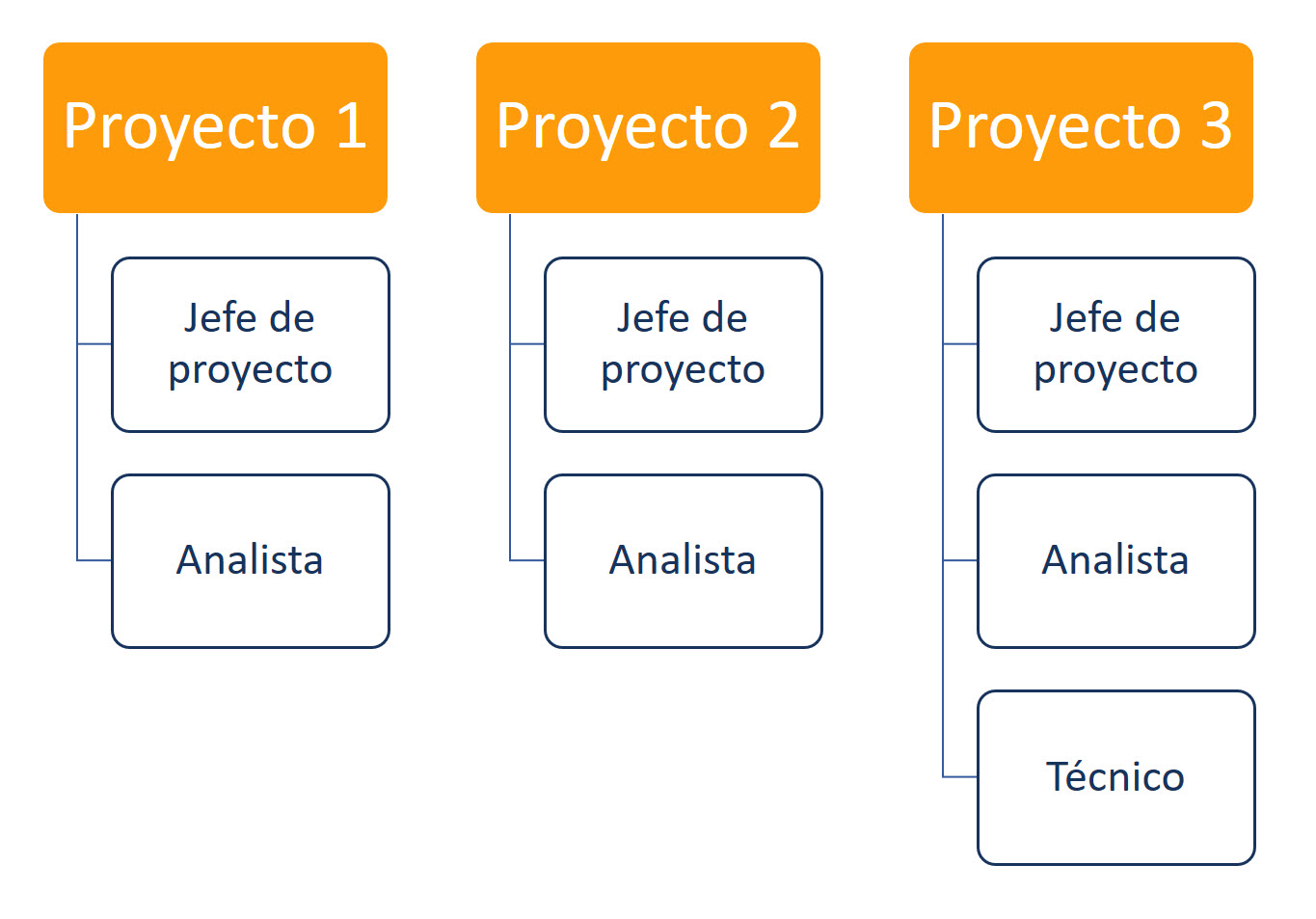 Estructuras organizacionales: diagrama por proyectos con 3 proyectos organizados jerárquicamente