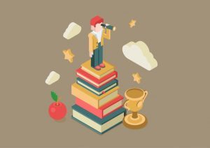 A guy looking in a binocular, standing on a pile of books, clouds, stars, apple, Trophy